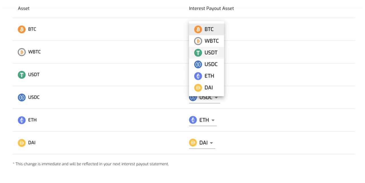 Screenshot of Hodlnaut's "preferred interest payout asset" drop-down menu