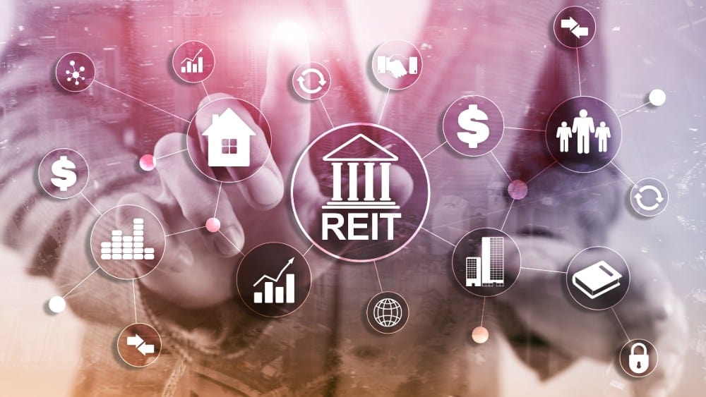 edit Real Estate Investment Trust REIT on double exsposure business background.