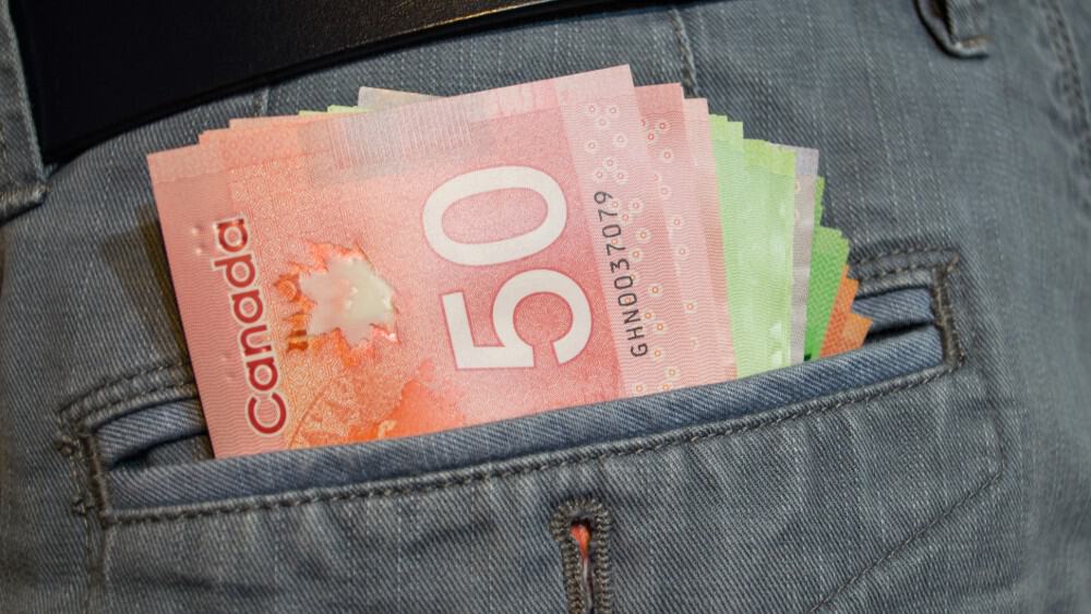Various Canadian dollars in gray pants pocket