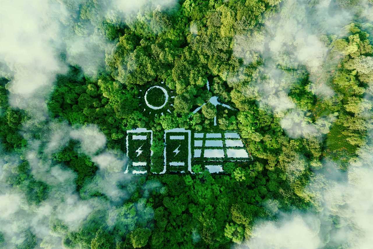 A lake in the shape of a solar, wind and energy storage system in the middle of a lush forest as a metaphor for the concept of clean and organic renewable energy.
