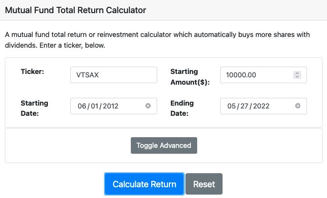 Mutual fund return calculator basic input fields.