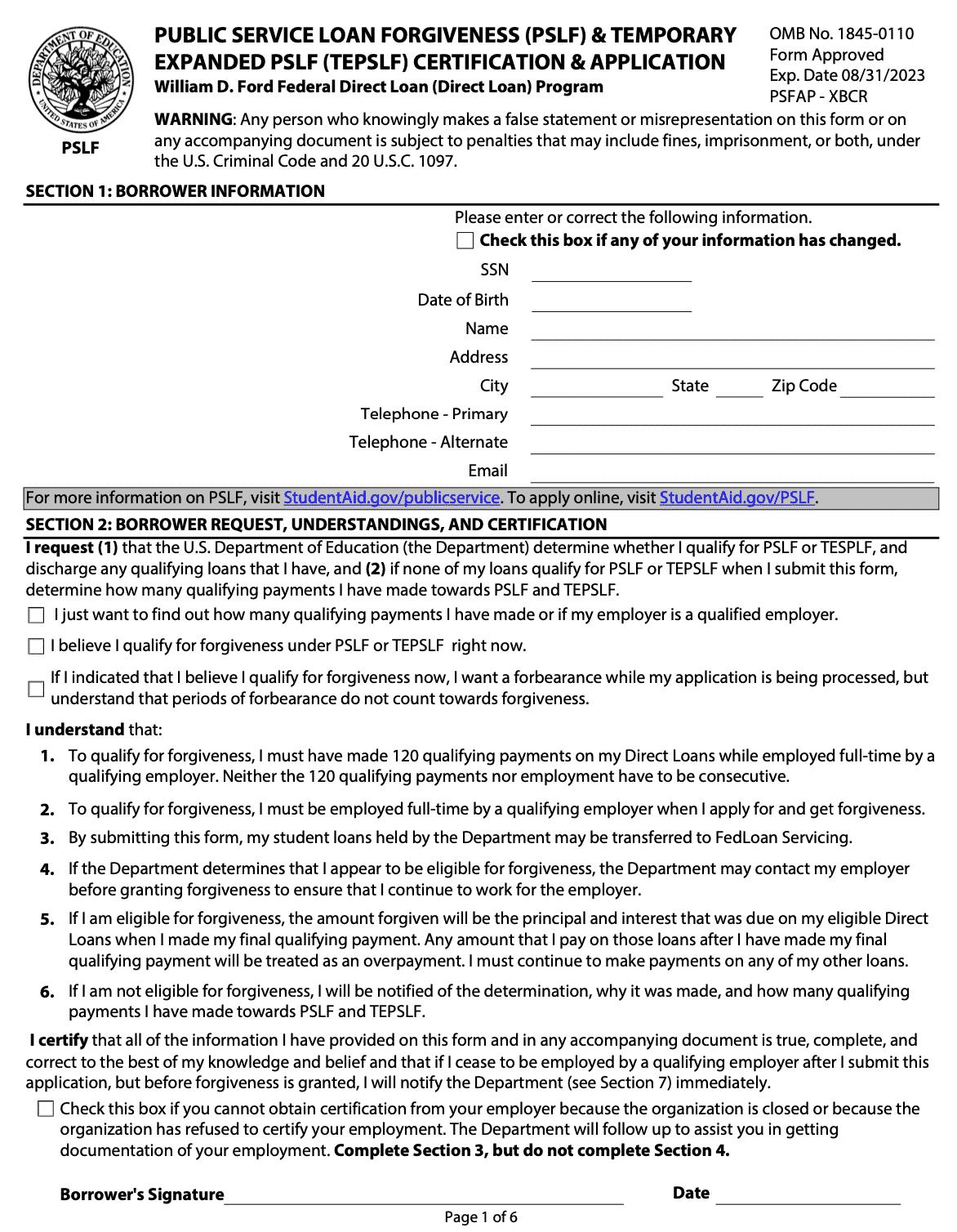 PSLF Form Page 1 TEPSLF Form