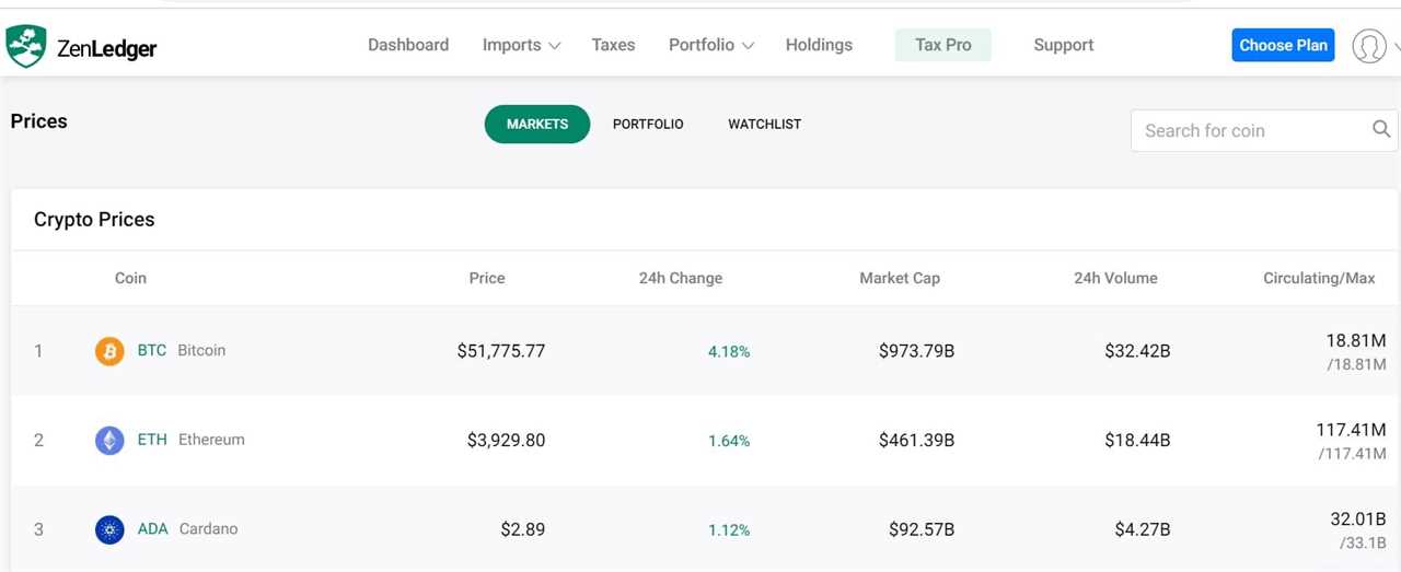 Screenshot of ZenLedger's market and portfolio performance tool