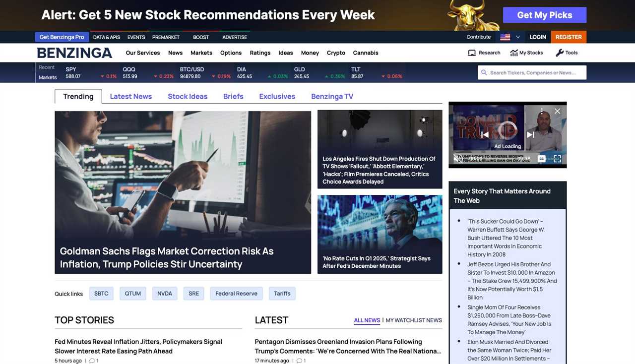 Benzinga homepage
