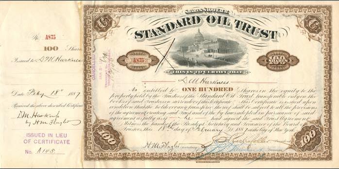 1887_Standard_Oil_Stock_Certificate_of_DM_Harkness 1887 Standard Oil Stock Certificate of DM Harkness signed by his half brother Henry Flagler and JD Rockefeller