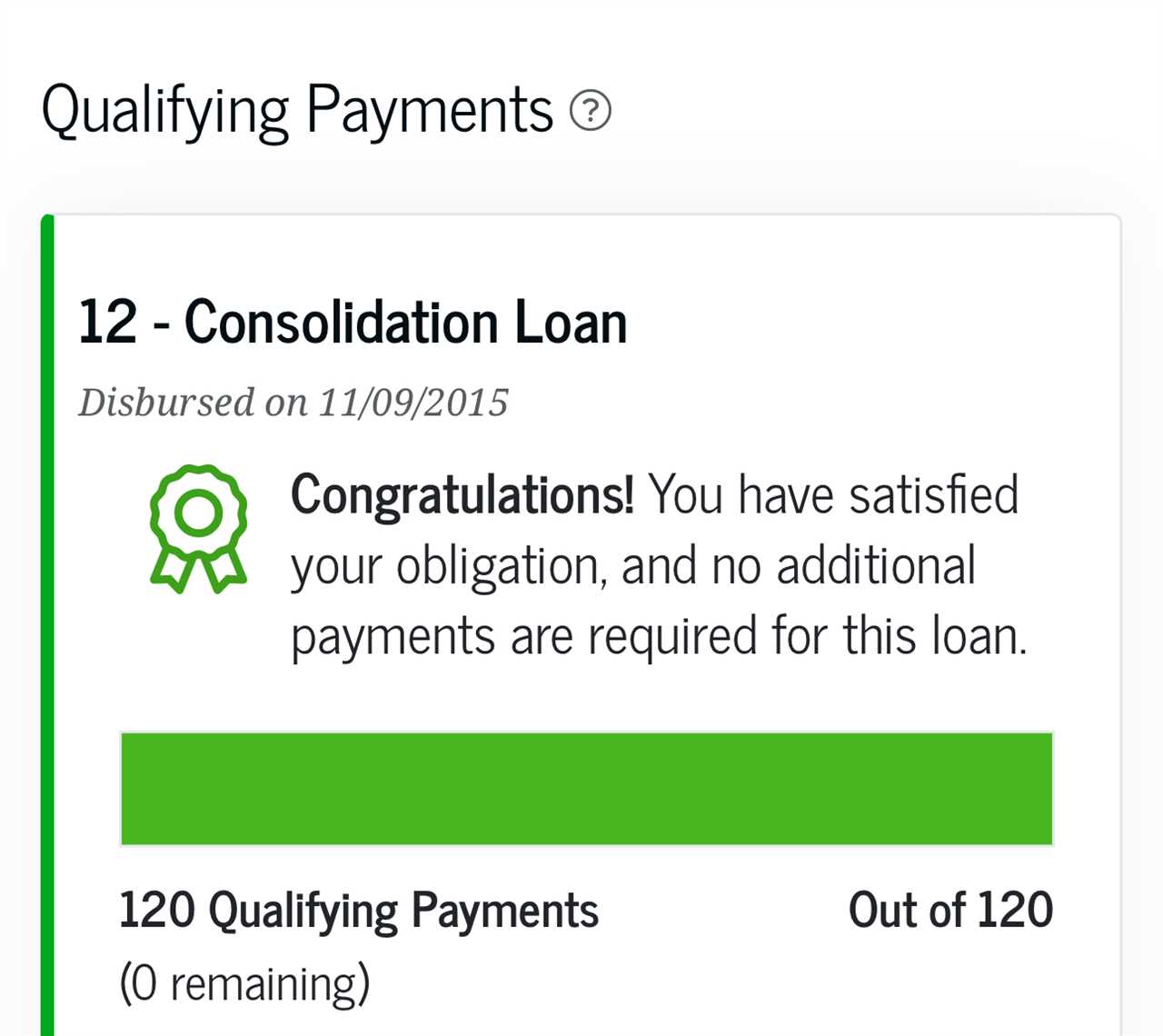 Screenshot of the "Qualifying Payments" section on a federal student loan dashboard, displaying the highly anticipated "green banner" notification for Public Service Loan Forgiveness (PSLF). The graphic features a green ribbon icon next to the text: "Congratulations! You have satisfied your obligation, and no additional payments are required for this loan." Below the message, a solid green progress bar confirms "120 Qualifying Payments Out of 120," signaling that the borrower has met the repayment milestone. Source: The College Investor