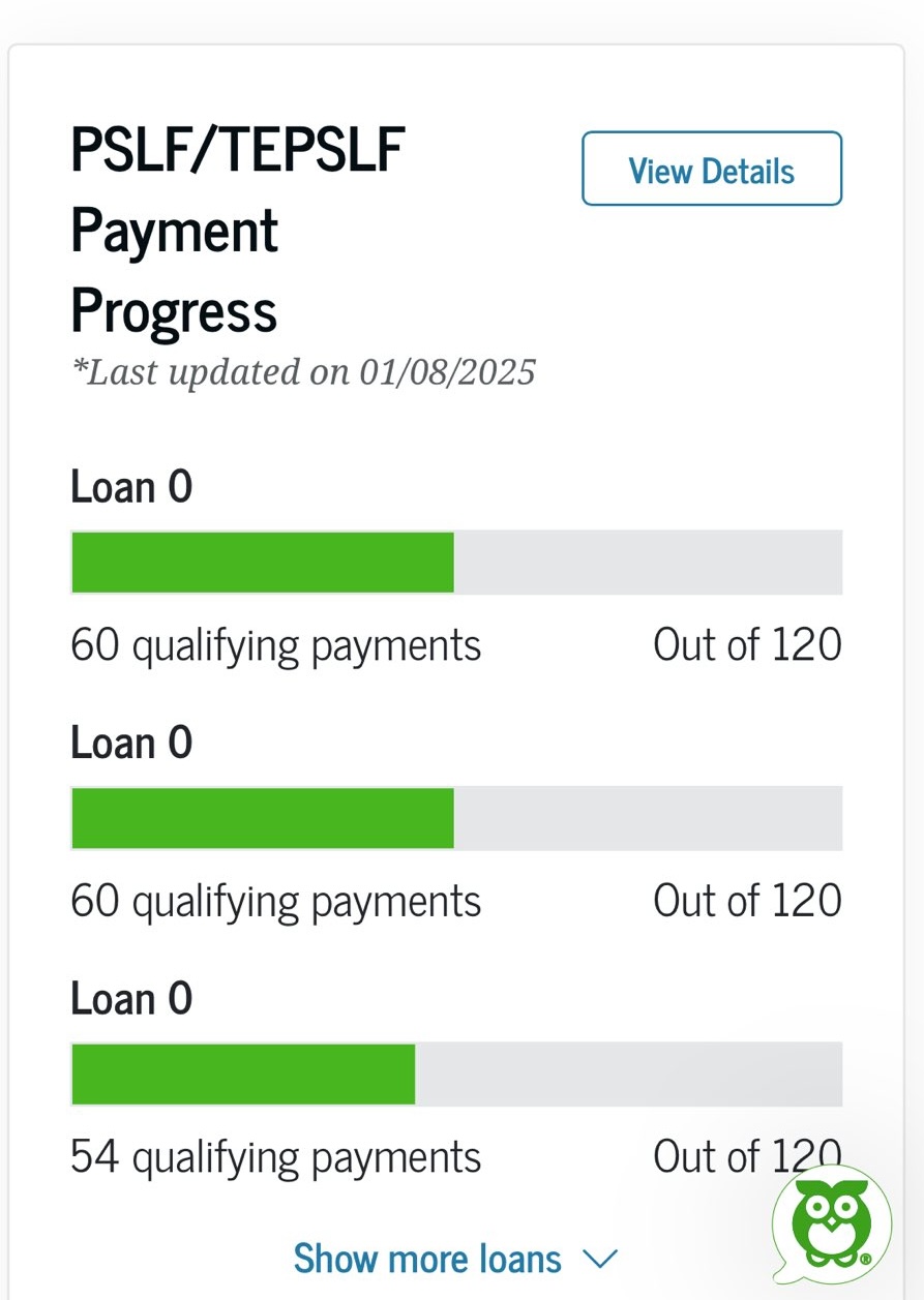 PSLF Tracker In Progress Screenshot of a federal student loan dashboard titled "PSLF/TEPSLF Payment Progress," updated as of January 8, 2025. The display lists multiple loans, each featuring a green progress bar indicating the number of qualifying payments made versus the 120 required (e.g., "60 qualifying payments Out of 120"). This visualizes the "in-progress" tracking borrowers see before reaching the final forgiveness milestone. Source: The College Investor