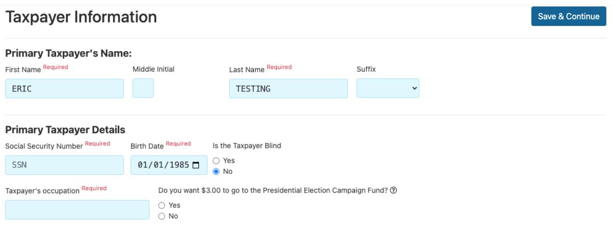 taxpayer information screenshot