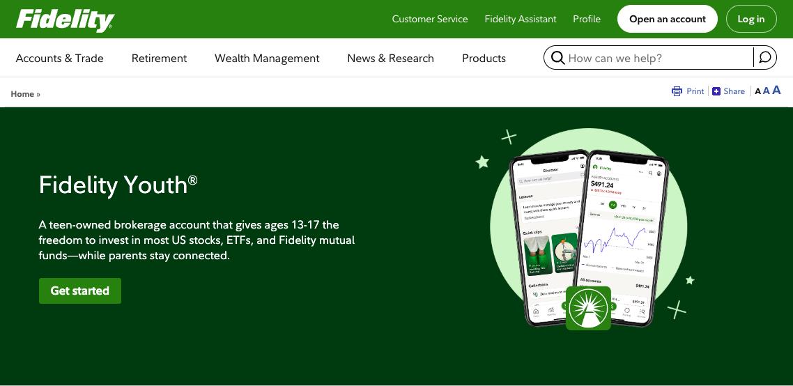 Fidelity Youth Account homepage screenshot