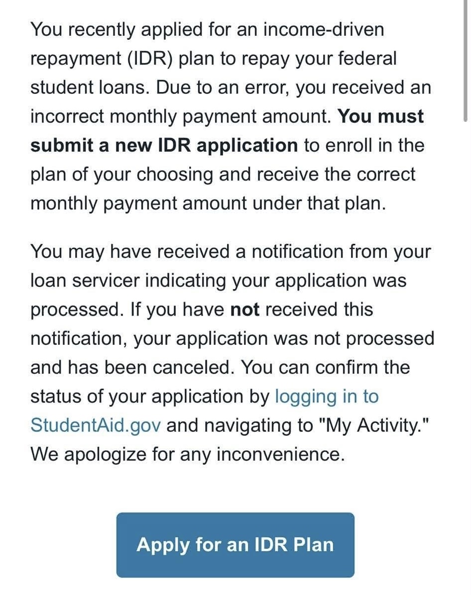 StudentAid IDR Letter Incorrect Payment calculation letter